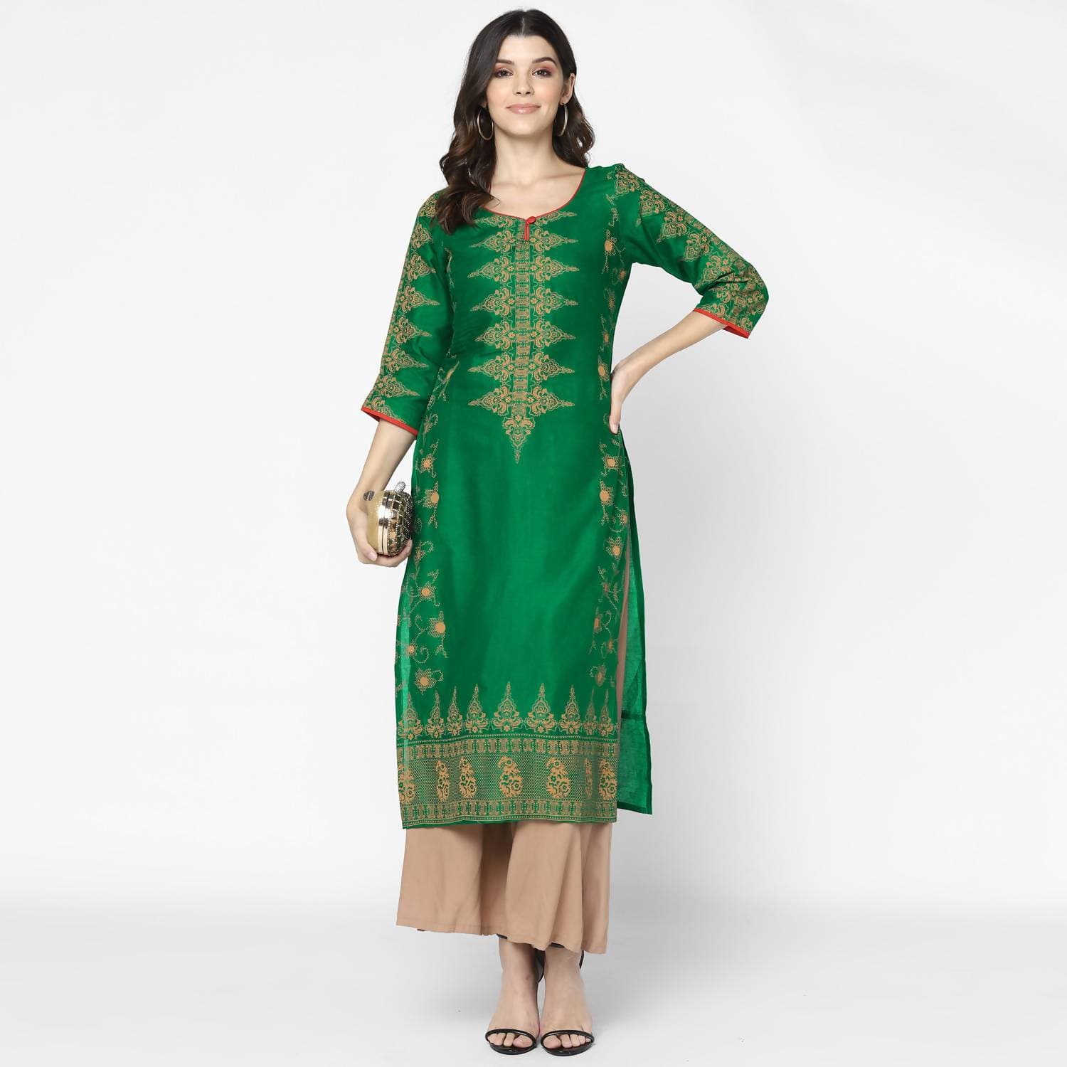 Cheera Hand Block Print Bottle Green Straight Kurta (MAAI-065K)