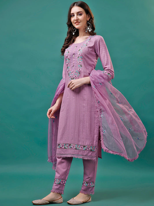 Embroidered Kurta With Pant & Embroidered Organza Dupatta, Multicolor - Hiral Fashion