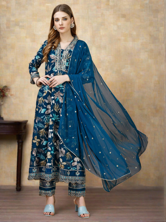 Floral Printed & Embroidered Anarkali Kurta With Embroidered Pant & Dupatta Premium Luxury, Multicolor - Hiral Fashion