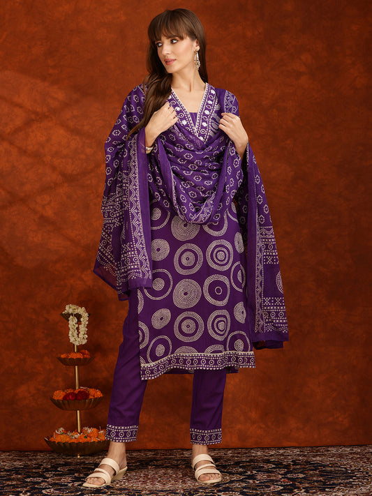 Embroidered & Printed Cotton Kurta With Pant And Dupatta, Purple - Hiral Fashion