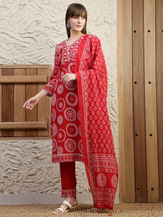 Embroidered & Printed Cotton Kurta With Pant And Dupatta, Red - Hiral Fashion