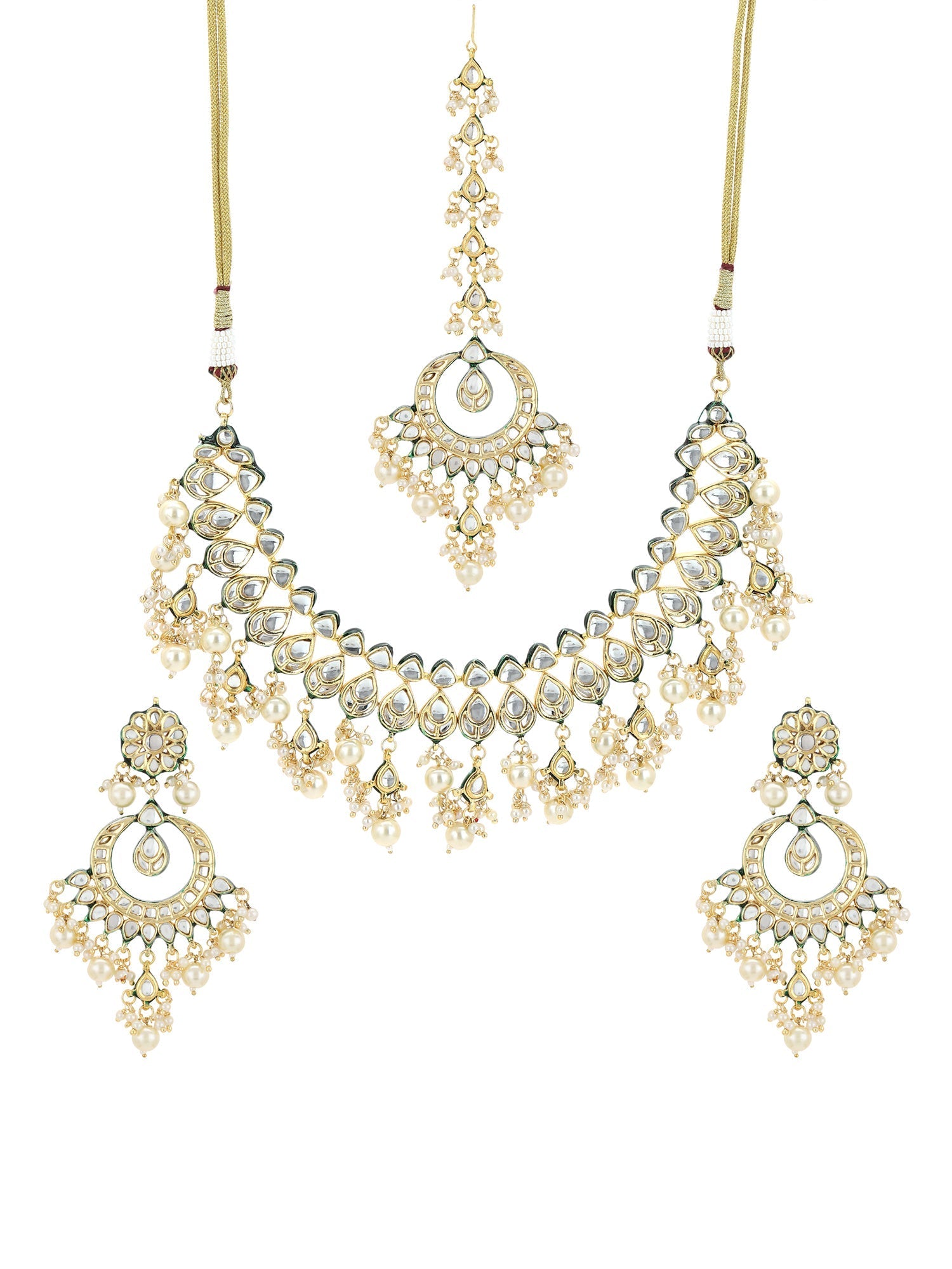 Gold-Plated Green Kundan-Studded Pearl Beaded Jewellery Set - Ruby Raang - Grab2buy