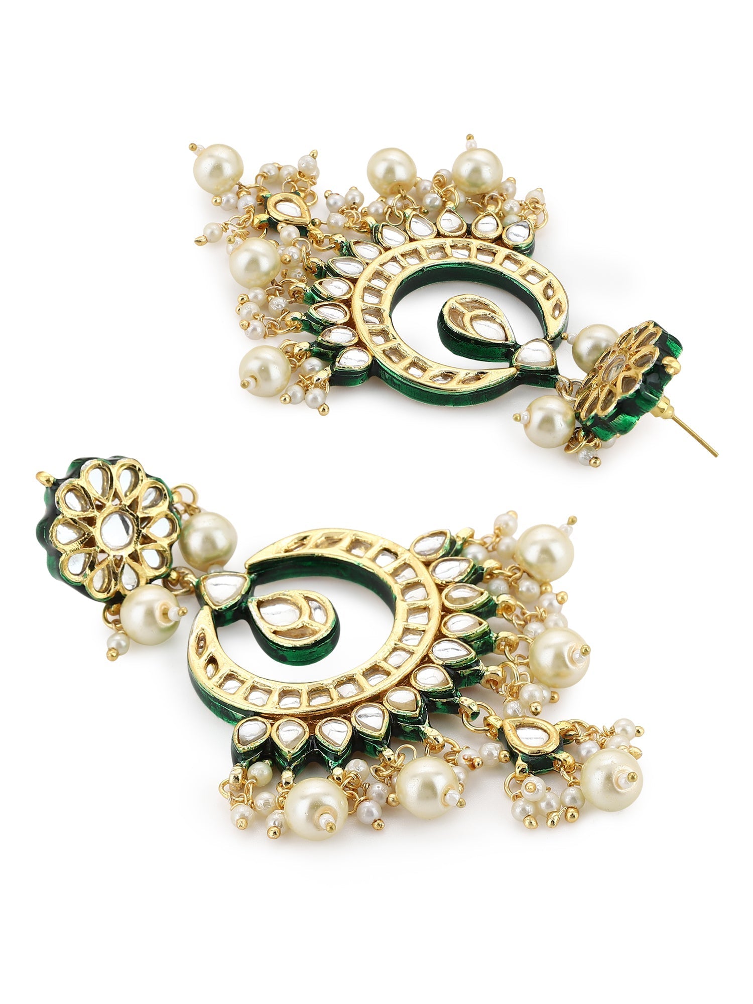 Gold-Plated Green Kundan-Studded Pearl Beaded Jewellery Set - Ruby Raang - Grab2buy