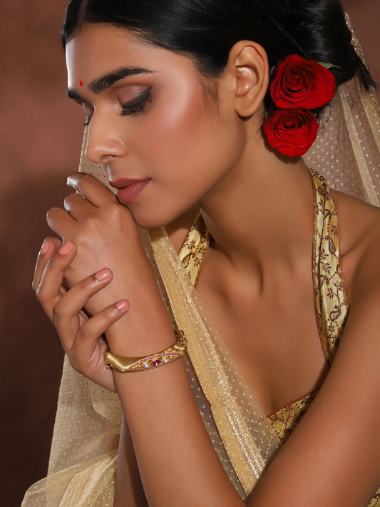 Women's Gold-Toned Pink Brass Kundan Handcrafted Gold-Polished Kada Bracelet - Ruby Raang | Grab2Buy