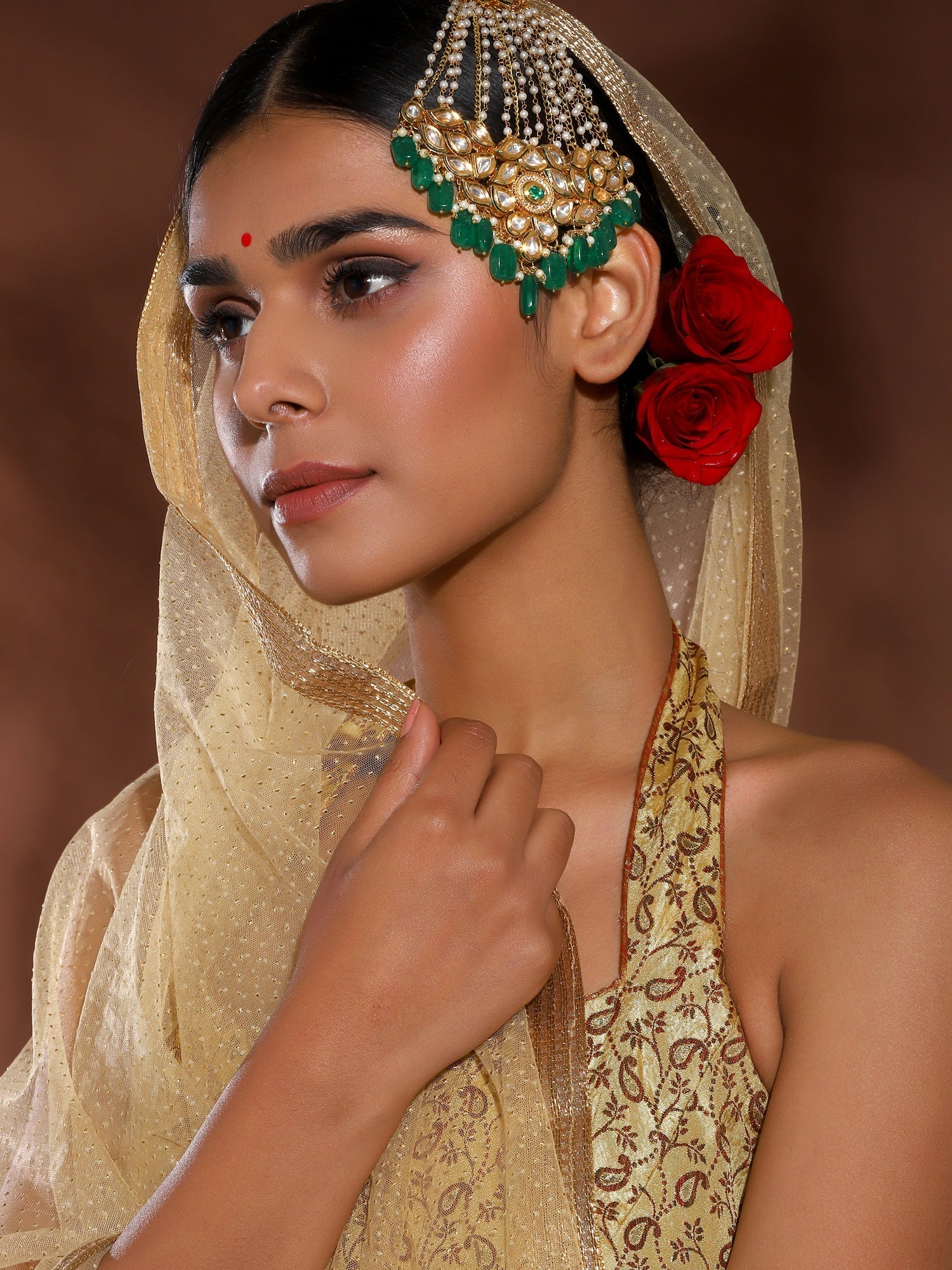 Gold-Plated Green White Kundan Studded Jhoomar Passa - Ruby Raang - Grab2buy