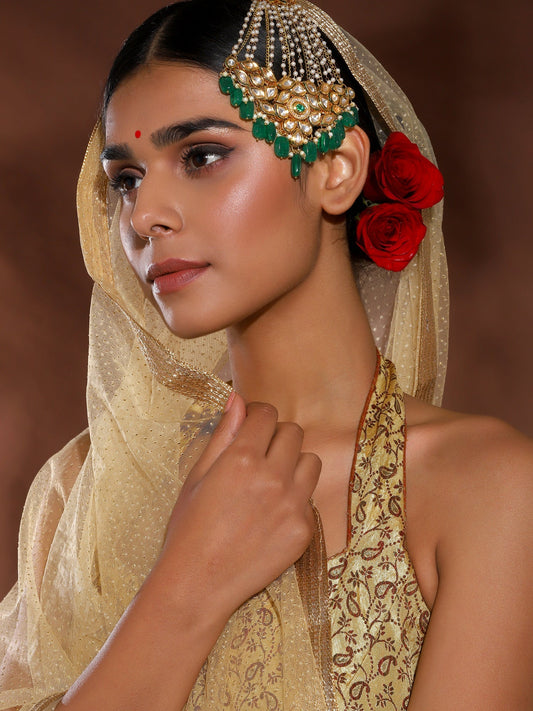 Gold-Plated Green White Kundan Studded Jhoomar Passa - Ruby Raang - Grab2buy