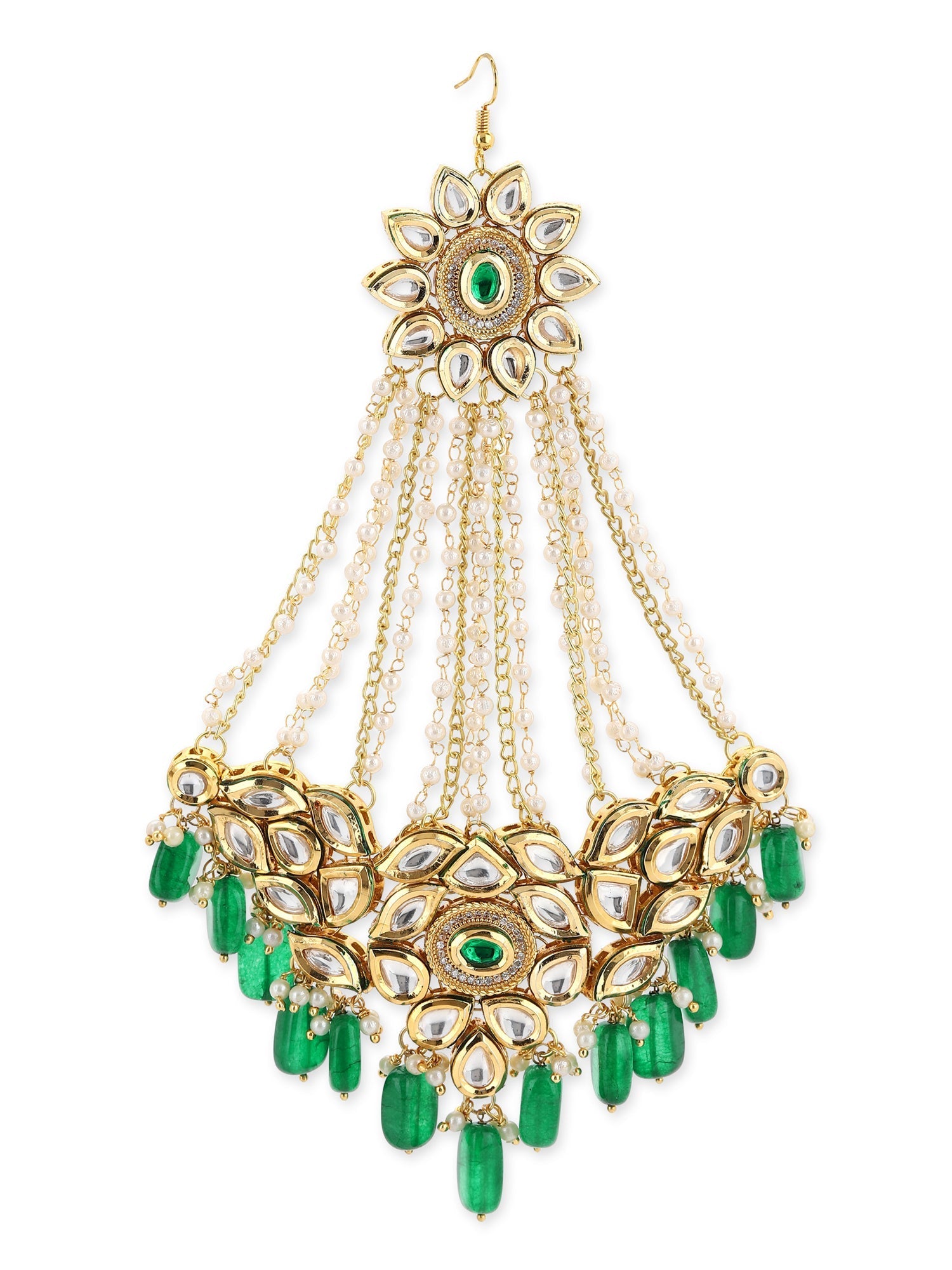 Gold-Plated Green White Kundan Studded Jhoomar Passa - Ruby Raang - Grab2buy