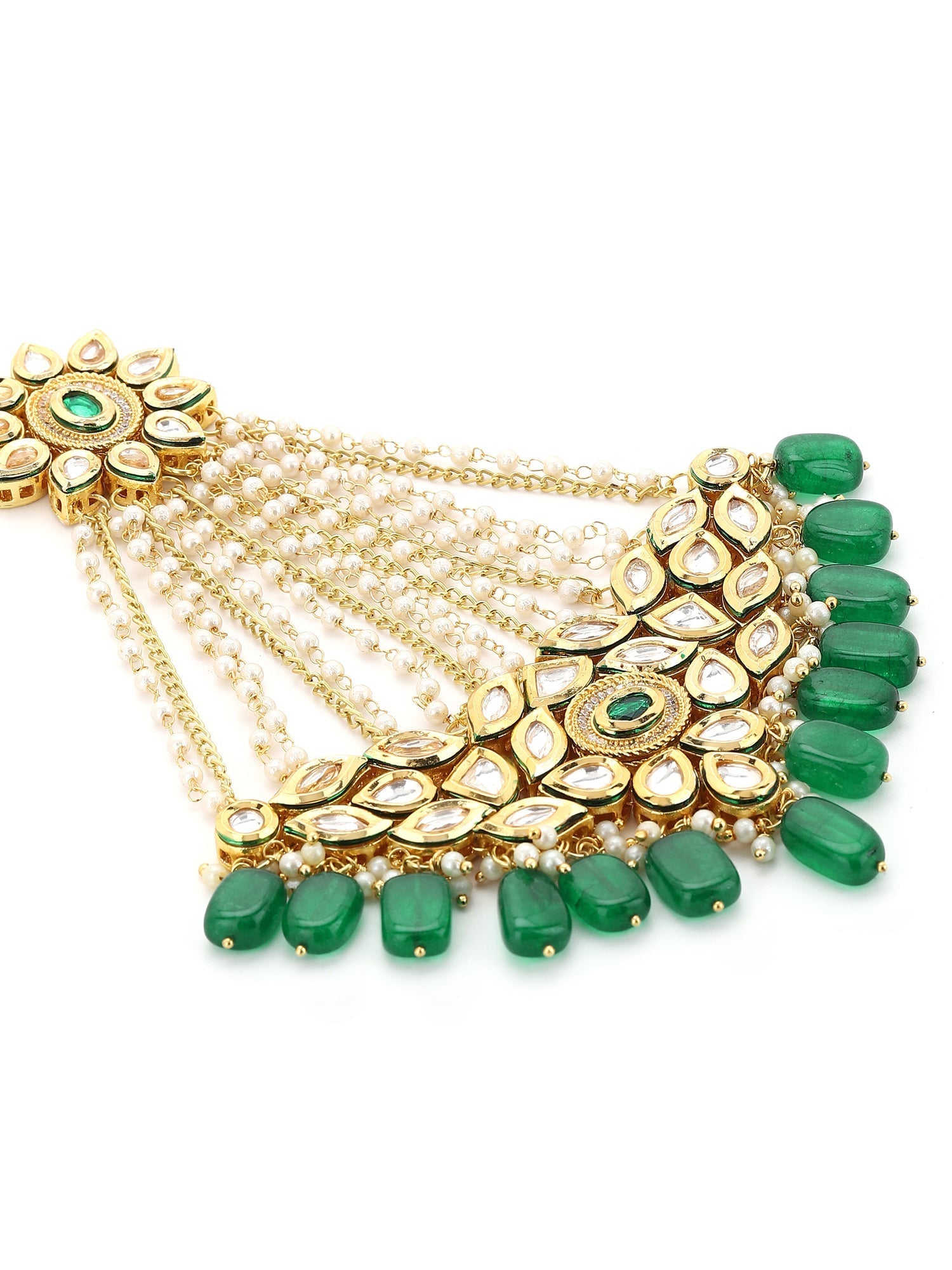 Gold-Plated Green White Kundan Studded Jhoomar Passa - Ruby Raang - Grab2buy