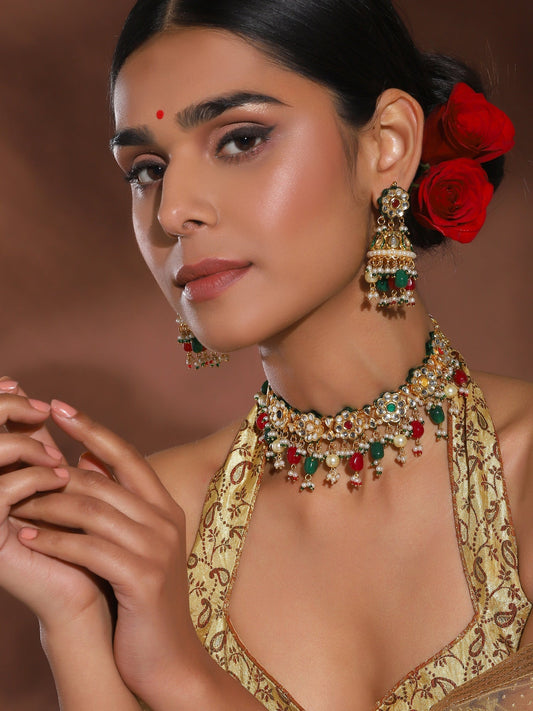 Gold-Plated Green White Kundan Stone-Studded Pearl-Beaded Jewellery Set - Ruby Raang - Grab2buy
