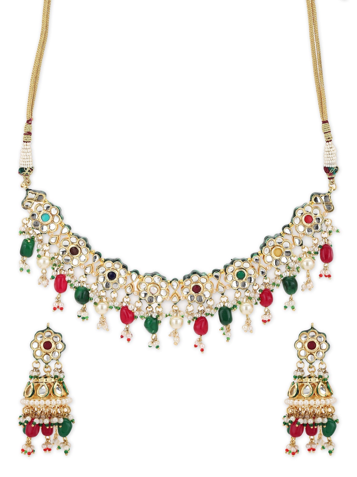 Gold-Plated Green White Kundan Stone-Studded Pearl-Beaded Jewellery Set - Ruby Raang - Grab2buy