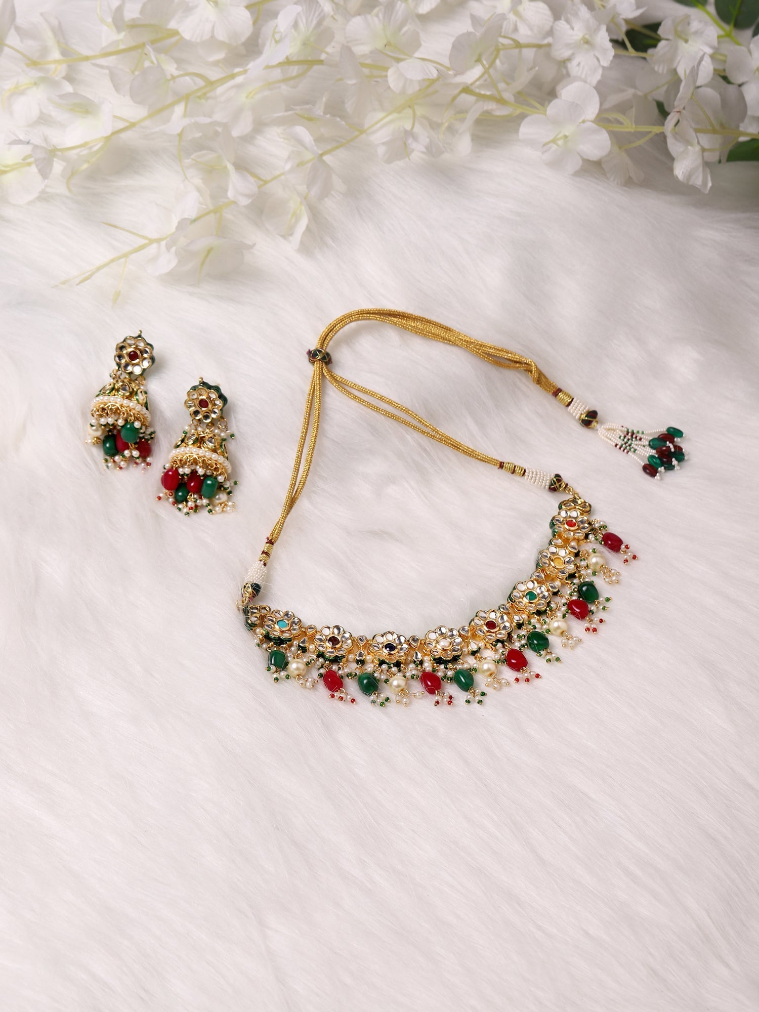 Gold-Plated Green White Kundan Stone-Studded Pearl-Beaded Jewellery Set - Ruby Raang - Grab2buy