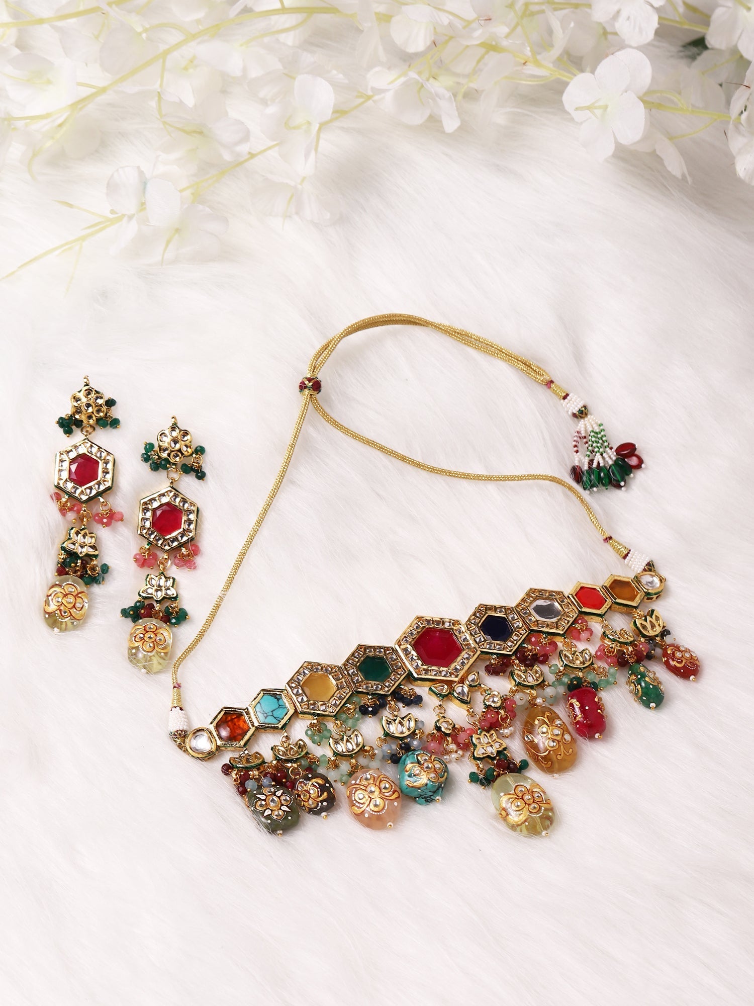 Gold-Plated Multicolored Kundan-Studded Beaded Jewellery Set - Ruby Raang - Grab2buy