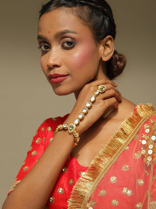 Women's Gold-Polished White Green Brass Kundan Ring Bracelet - Ruby Raang | Grab2Buy
