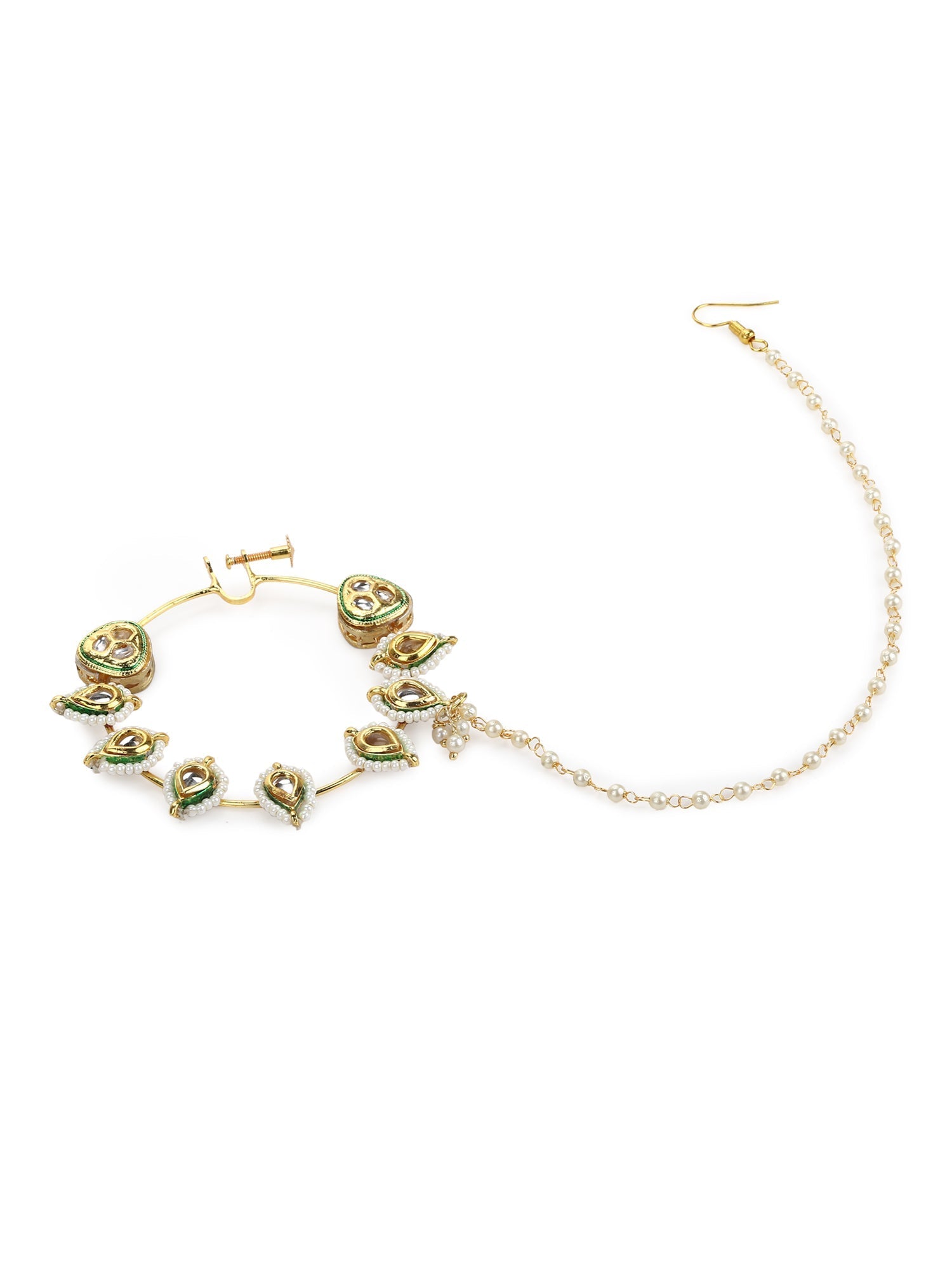 White Gold-Toned Plated Kundan Vilandi Chained Nose Ring - Ruby Raang - Grab2buy