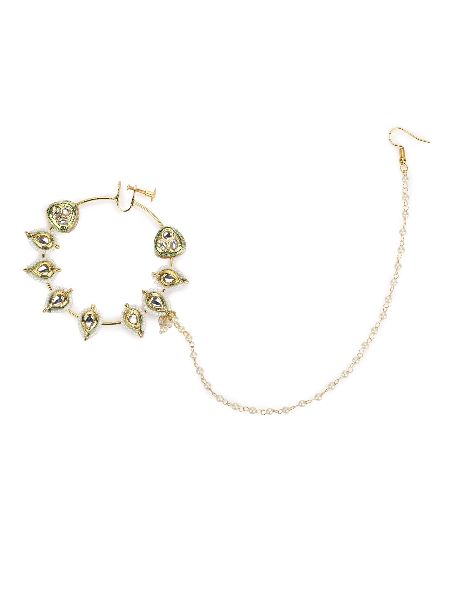 White Gold-Toned Plated Kundan Vilandi Chained Nose Ring - Ruby Raang - Grab2buy