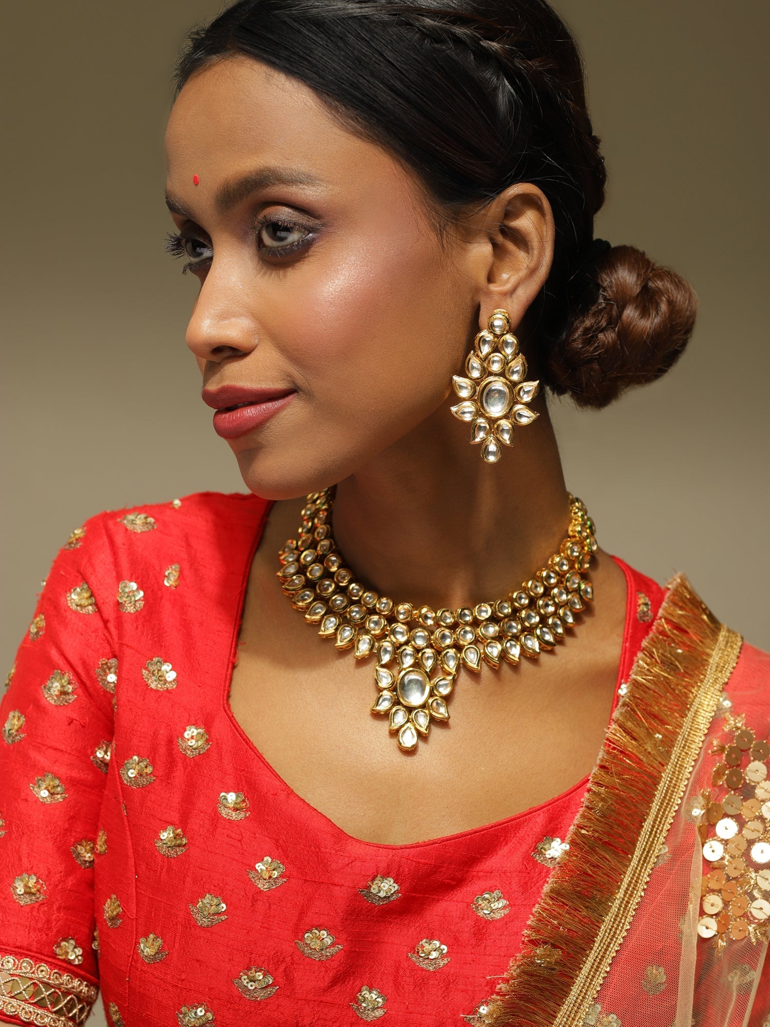 Gold-Plated Kundan Choker With Earring - Ruby Raang - Grab2buy
