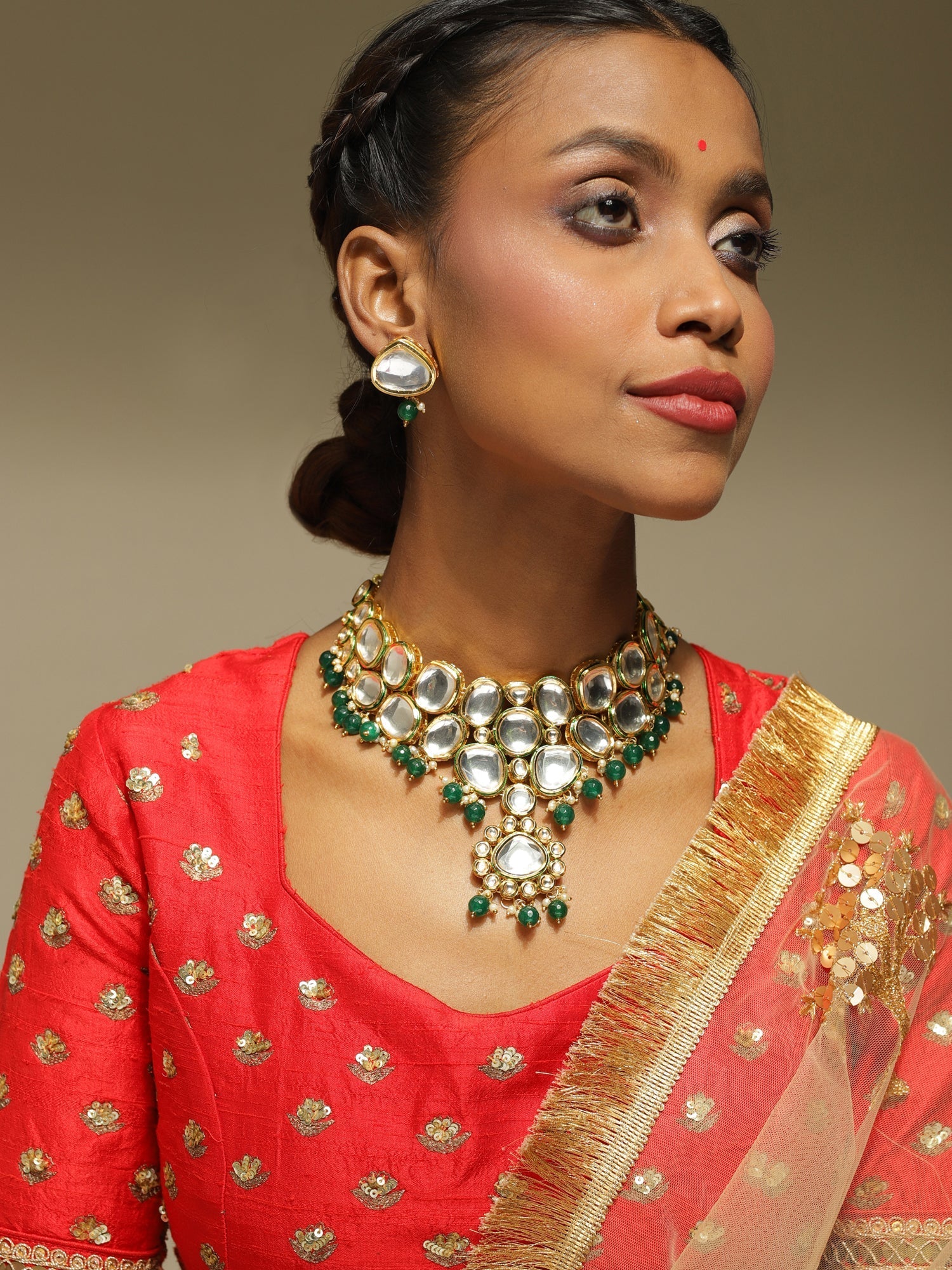 Green White Kundan Choker Jewellery Set - Ruby Raang - Grab2buy