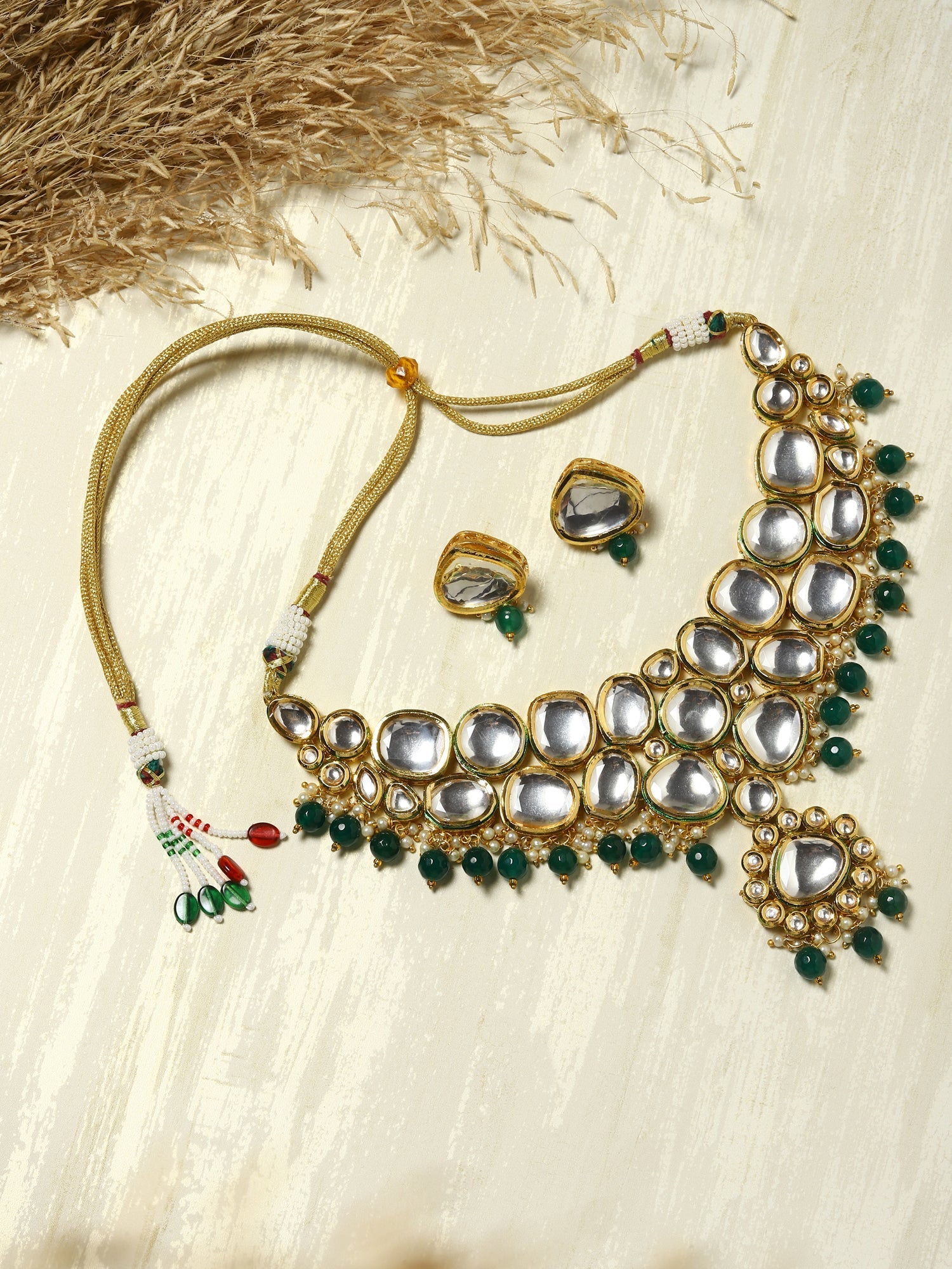 Green White Kundan Choker Jewellery Set - Ruby Raang - Grab2buy