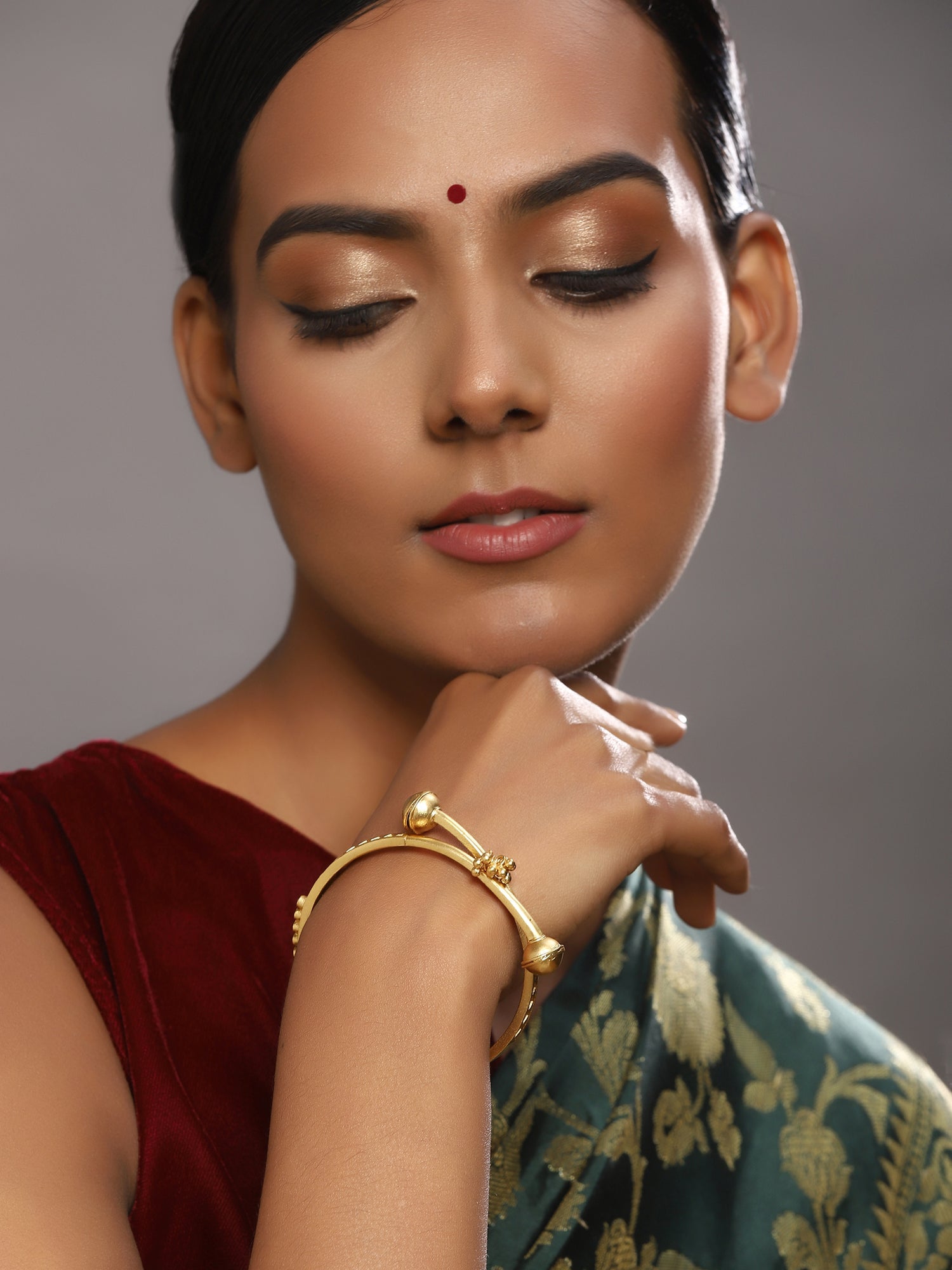 Gold-Plated White Red Stone Studded Beaded Bangle - Ruby Raang - Grab2buy