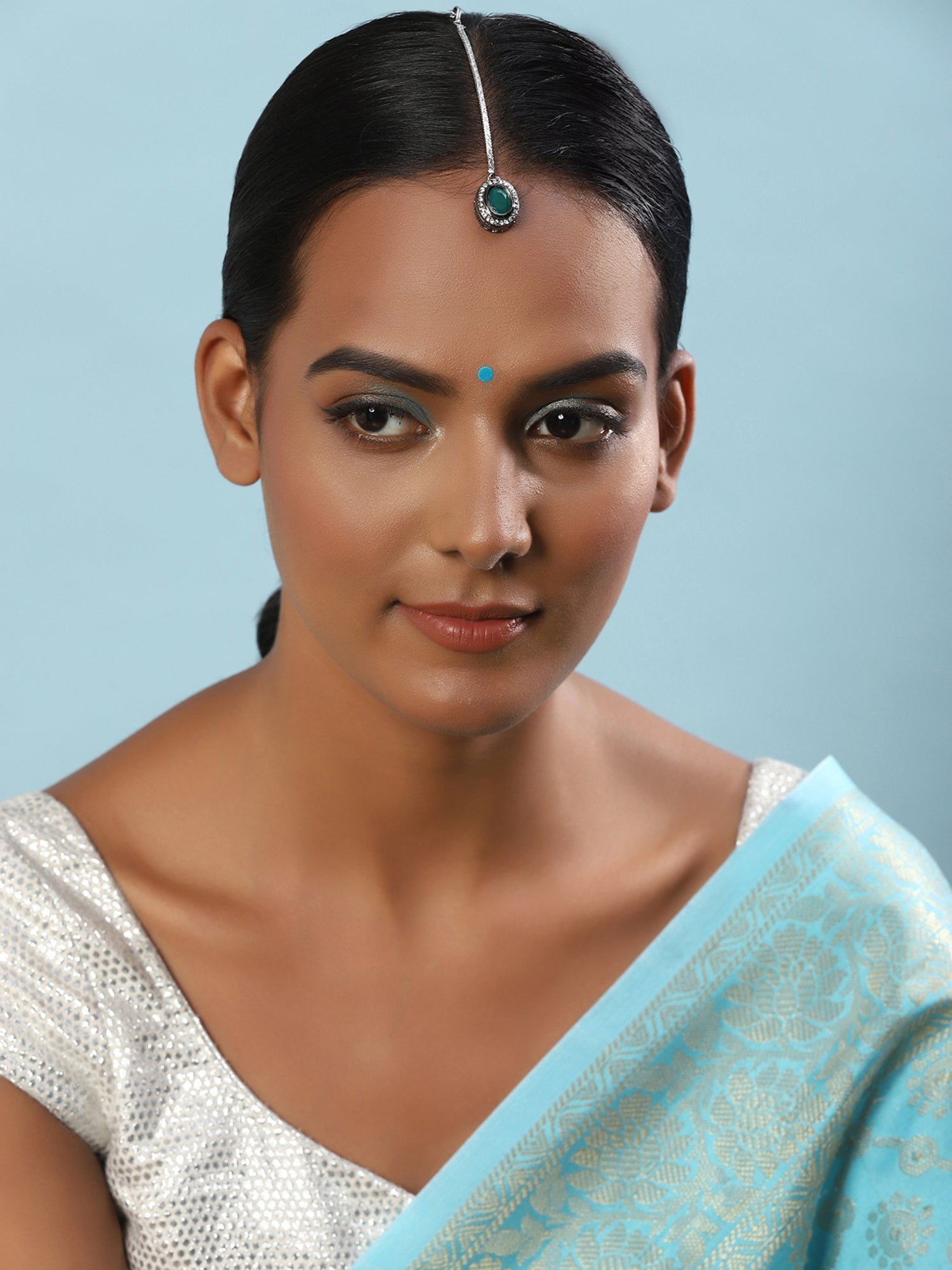 Silver-Plated Green Kundan Stone-Studded Maang Tikka - Ruby Raang - Grab2buy