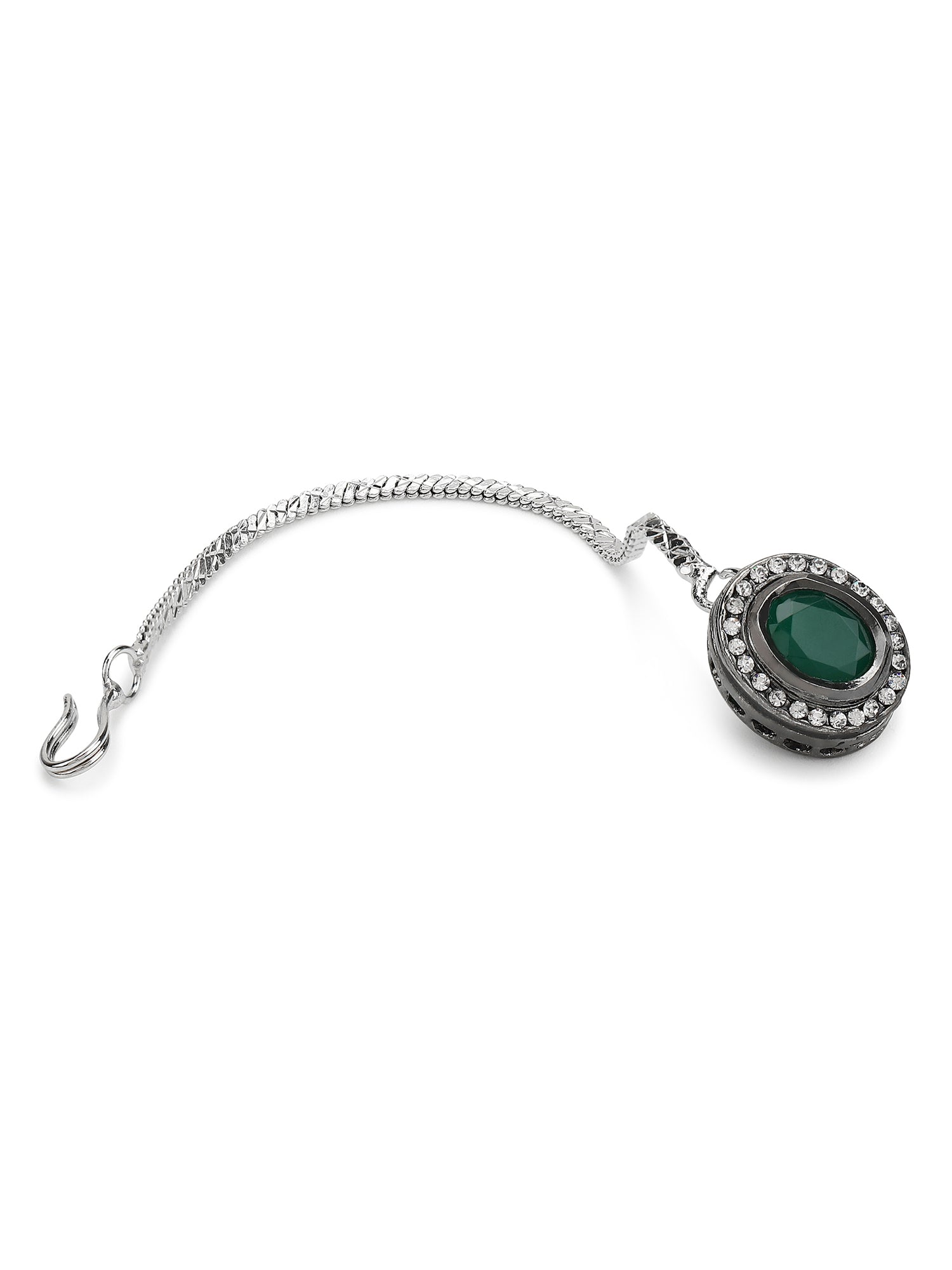 Silver-Plated Green Kundan Stone-Studded Maang Tikka - Ruby Raang - Grab2buy