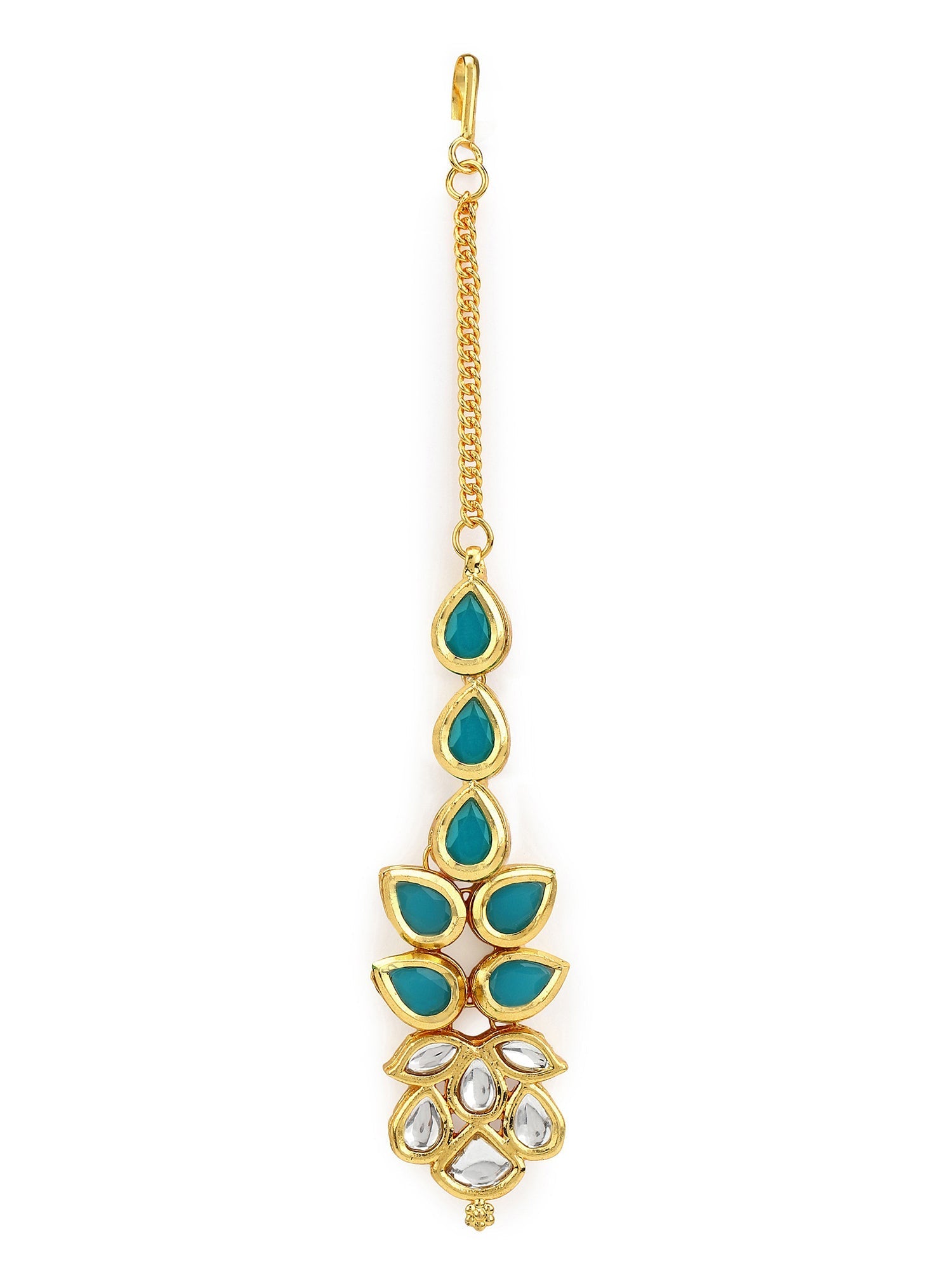 Gold-Plated Turquoise Blue Kundan-Studded Maang Tikka - Ruby Raang - Grab2buy