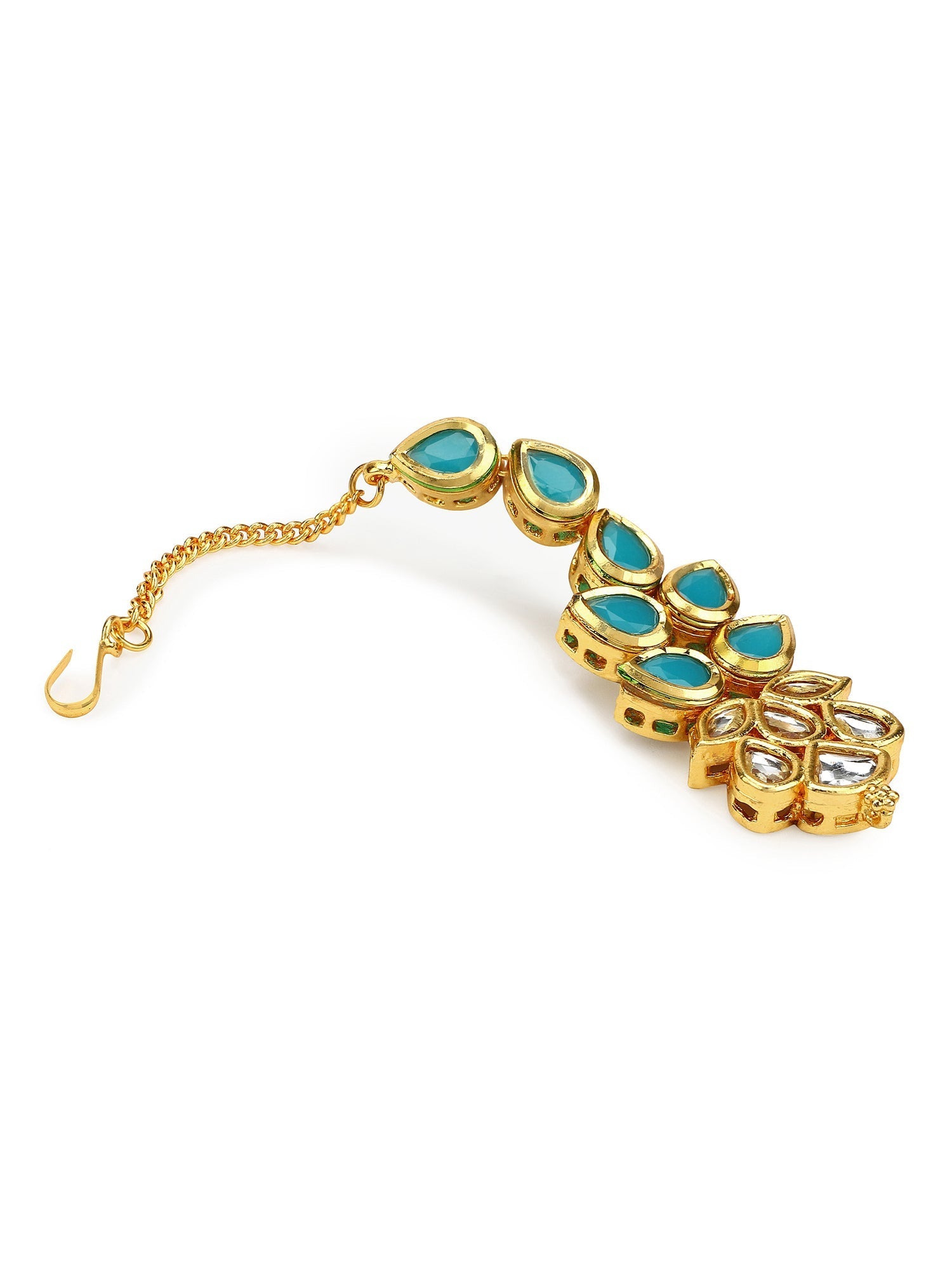 Gold-Plated Turquoise Blue Kundan-Studded Maang Tikka - Ruby Raang - Grab2buy