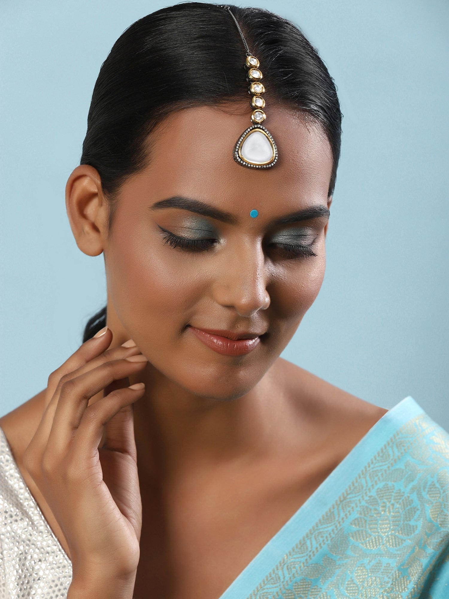 Silver-Plated Kundan Maang Tikka - Ruby Raang - Grab2buy