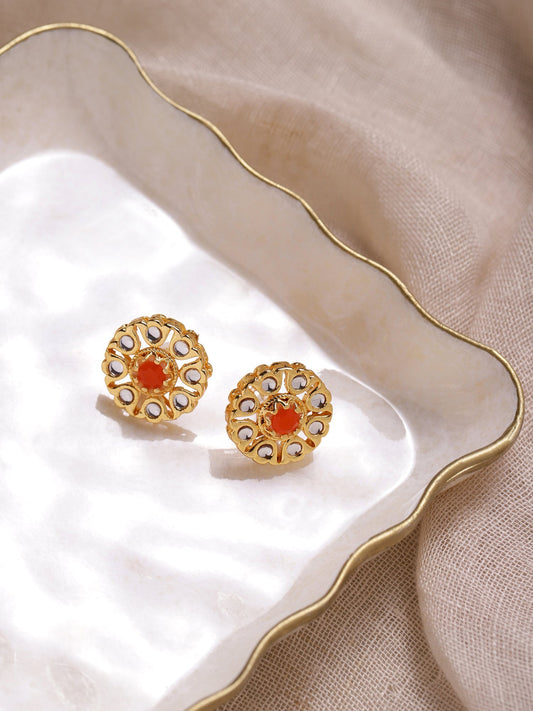 Gold-Plated Floral Shaped Kundan Studded Studs Earrings - Ruby Raang - Grab2buy