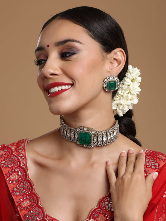 Emerald Stone with Diamonds and Mossainite Choker and Studs - Ruby Raang - Distacart