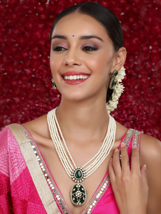 Long Pearl Layered Necklace with Pendant and Matching Earrings - Ruby Raang