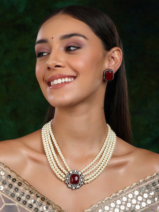 Maroon Stone and Mossainite Kundan in Pearls with Matching Studs - Ruby Raang - Distacart