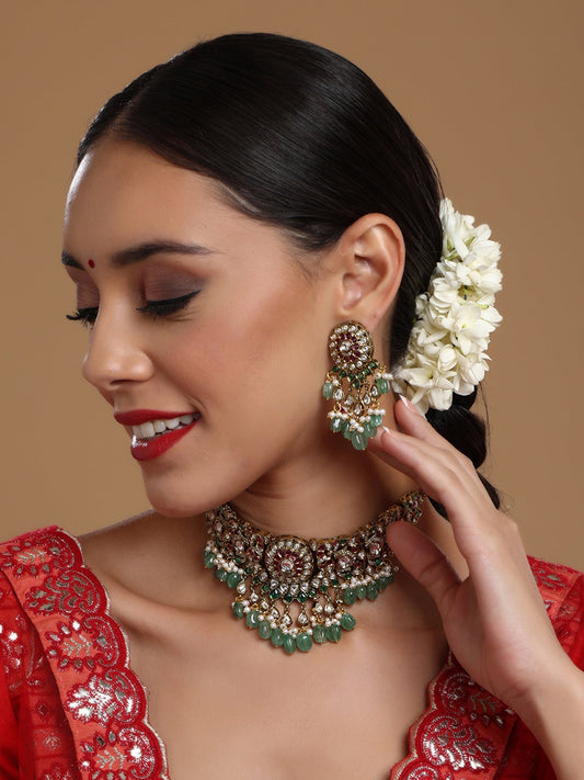 Precious Handcrafted Stone Neckpiece with Emeralds - Ruby Raang