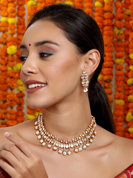 Kundan & Mossainite Necklace with Earrings - Ruby Raang Ruby Raang Studio