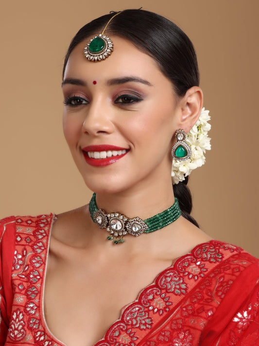 Emerald Stone and Mossainite Kundan in Green Onyx with Matching Earrings and Maang Tikka - Ruby Raang