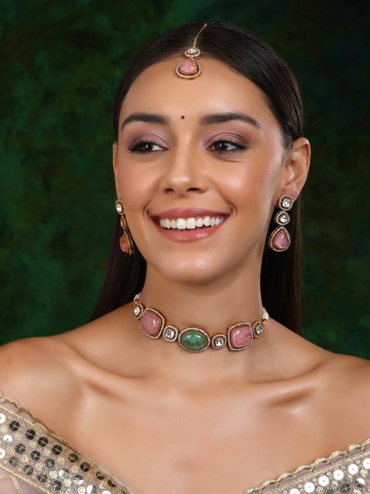Multi Stone and Mossainite Kundan Choker with Matching Earrings and Maang Tikka - Ruby Raang