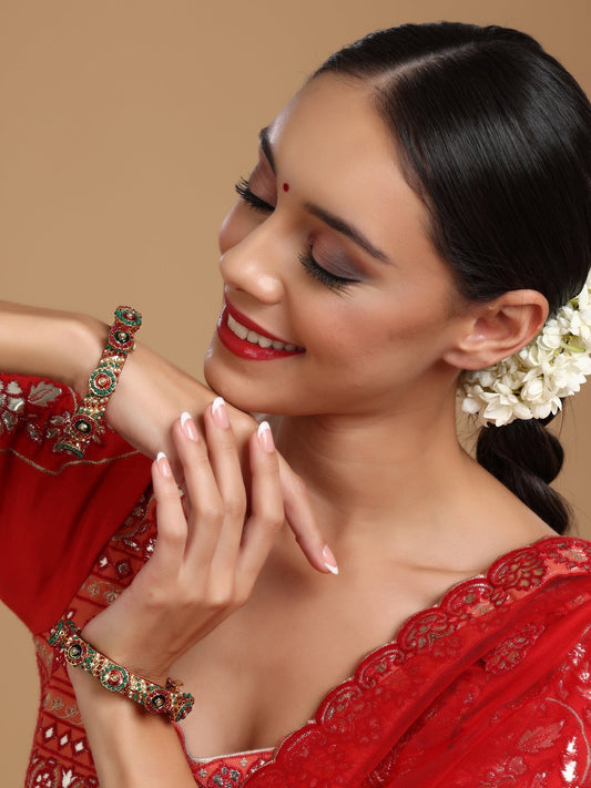 Rajwada Red - Green Hues Handcrafted Heavy Bangles (set of 2) - Ruby Raang Ruby Raang Studio