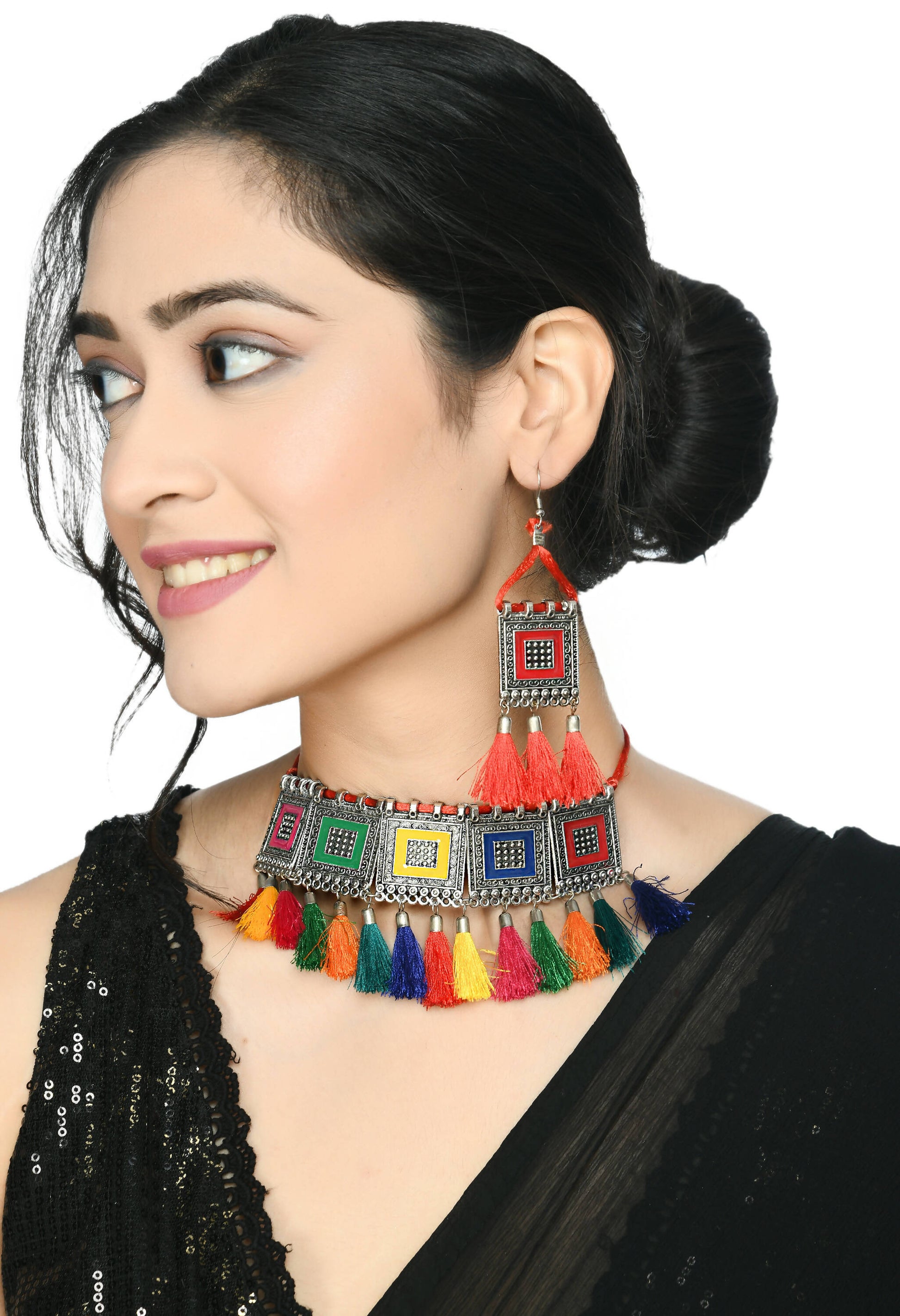 Mominos Fashion Johar Kamal Oxidised Silver-Plated Brass Finish Tassel Work Handicraft Choker For Women (Multi) - Grab2buy