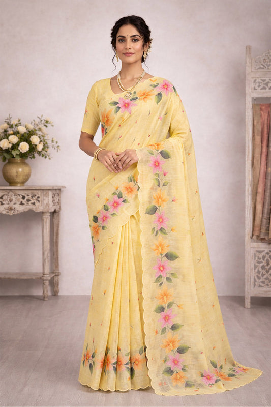 Sangam Prints Yellow Cotton Print Woven Work Traditional Saree