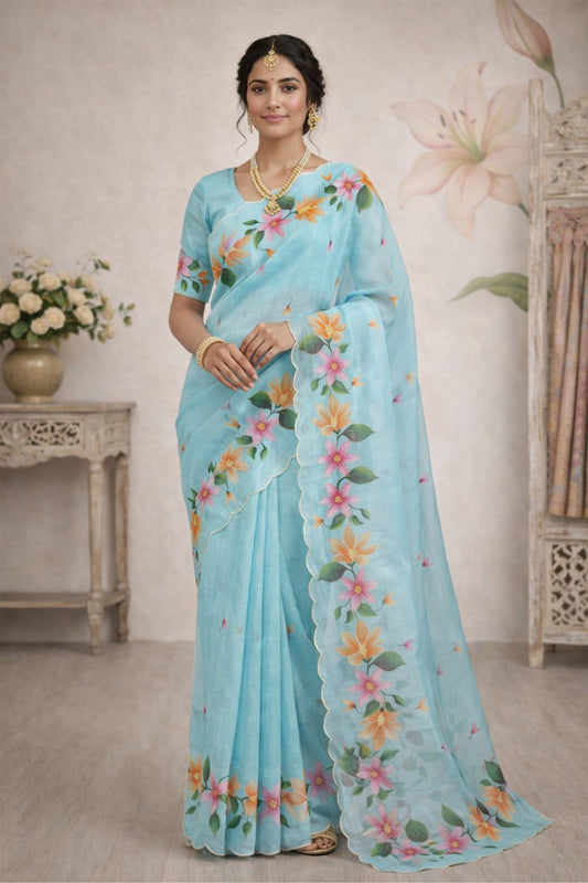 Sangam Prints Sky Blue Cotton Print Woven Work Traditional Saree