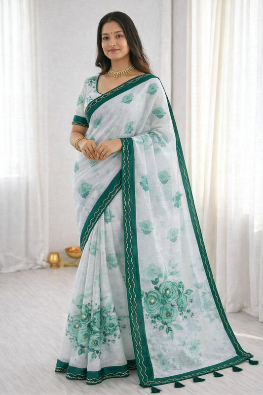 Sangam Prints Green Cotton Print With Aari Work Woven Work Traditional Saree