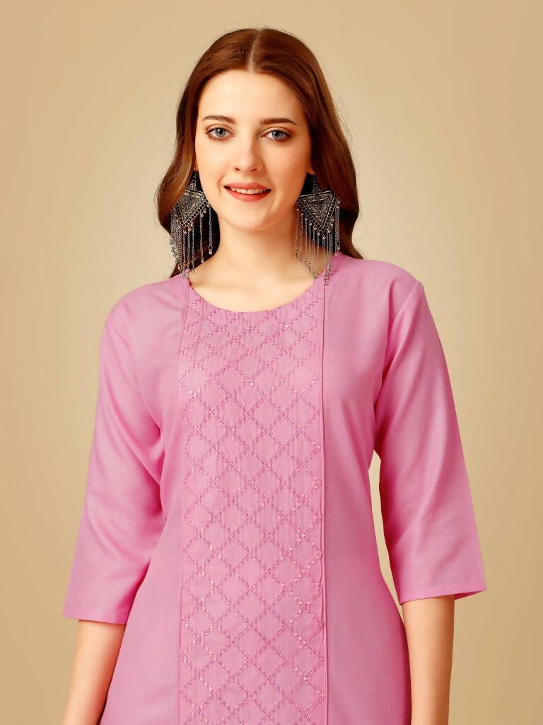 Aastha Fashion Women's Pink Cotton Blend Embroidered Kurta Pant Set - Grab2buy