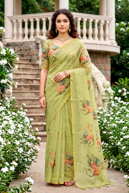 Sangam Prints Green Cotton Print With Aari Work Woven Work Traditional Saree