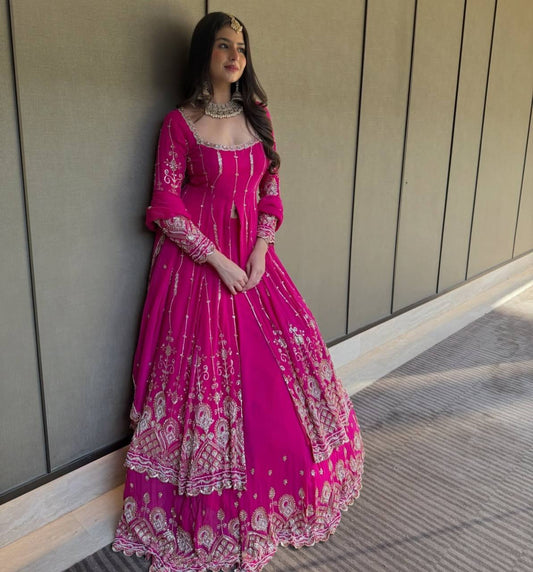 Prazu Fashion Pink Georgette Thread Sequin Lehenga Style Suit