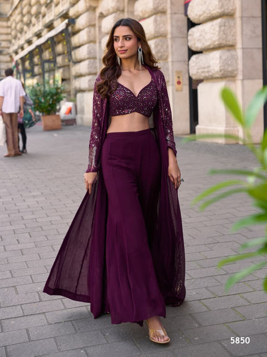 Aarshi Fashions Purple Heavy Georgette Full Stitched Indowestern Crop Top, palazzo & Shrug Set