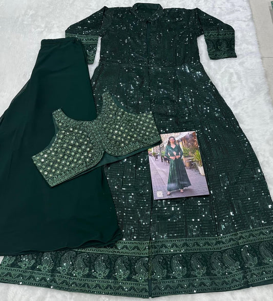 Aarshi Fashions Bottle Green Heavy Georgette Full Stitched Indowestern Crop Top, palazzo & Shrug Set