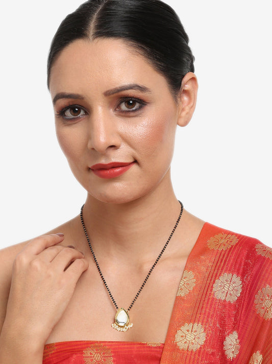 Gold-Polished White Black Kundan-Studded Beaded Mangalsutra - Ruby Raang | Swadesiicart