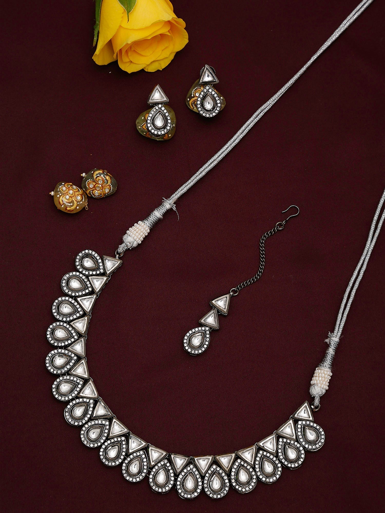 Silver Kundan Choker With Earrings And Maang Tikka - Ruby Raang - Grab2buy