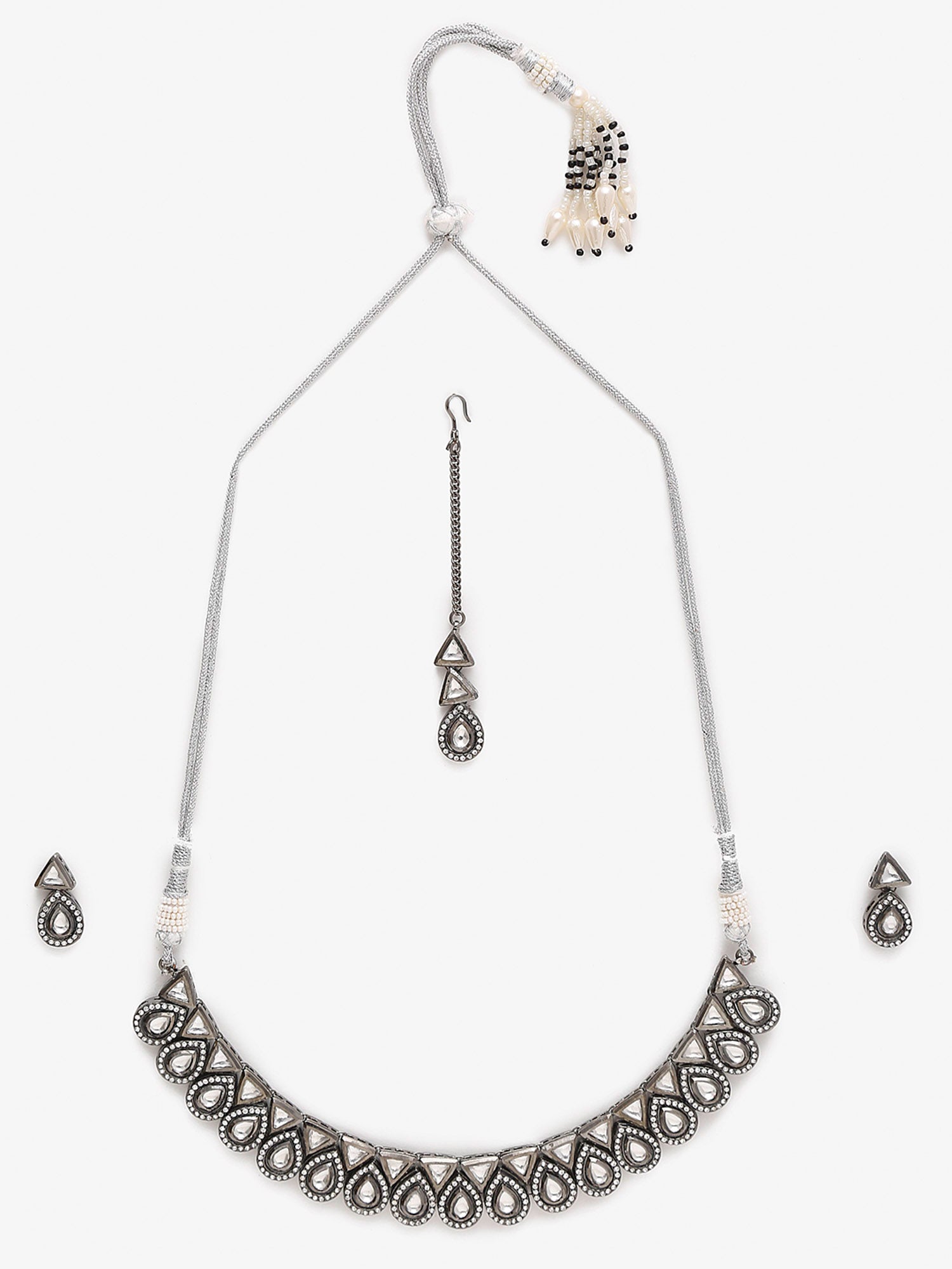Silver Kundan Choker With Earrings And Maang Tikka - Ruby Raang - Grab2buy