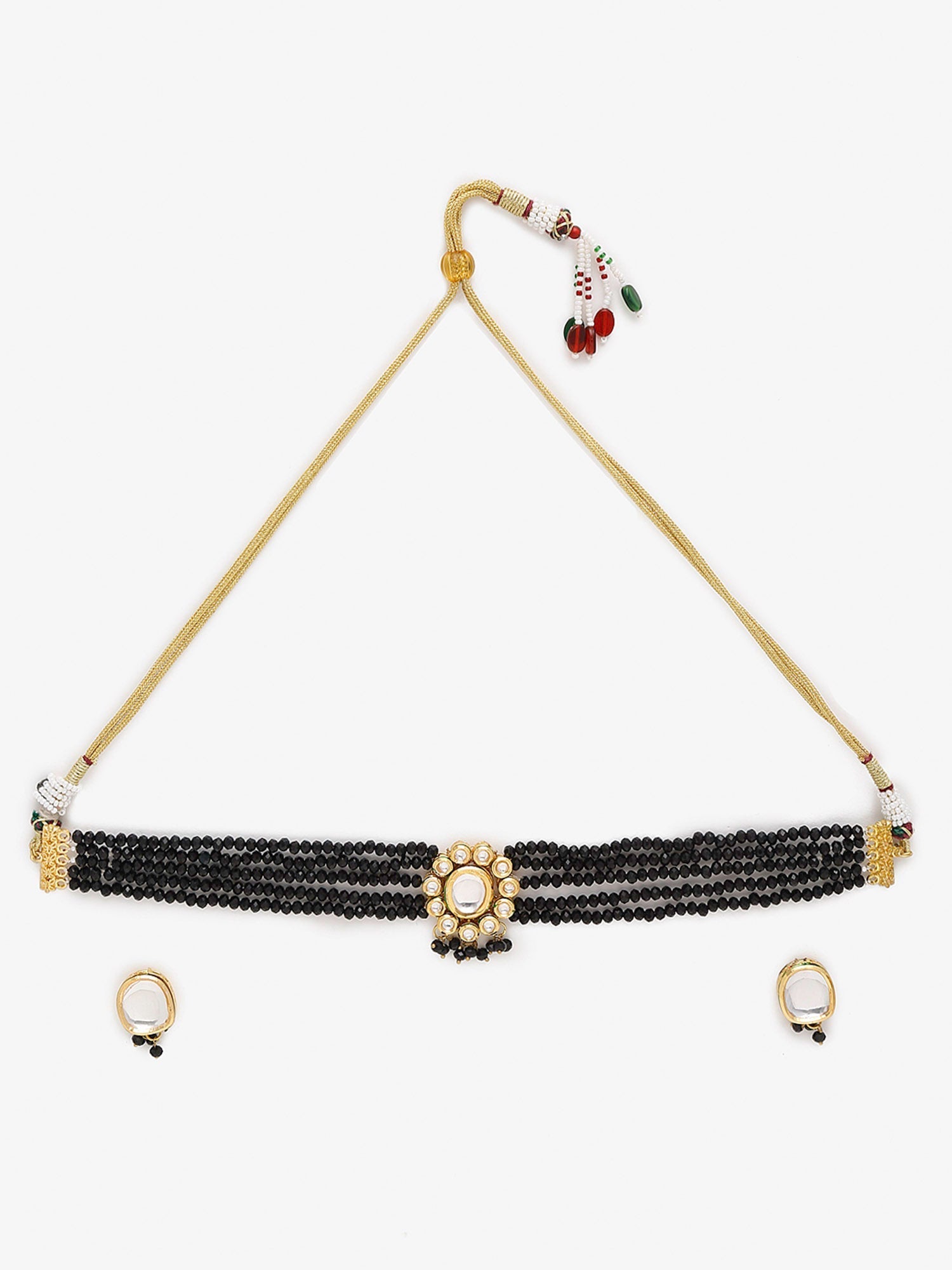 Gold-Plated White Black Kundan-Studded Beaded Handcrafted Jewellery Set - Ruby Raang - Grab2buy